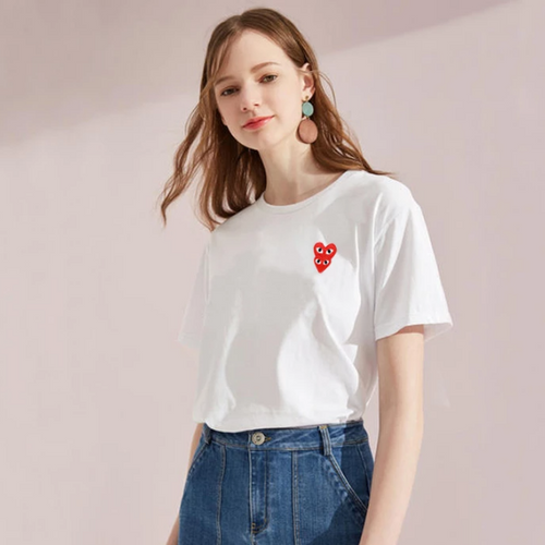 Women T-shirt Overlap Embroidery Double Heart