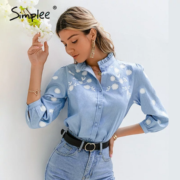 Simplee Denim Light Blue Puff Sleeve